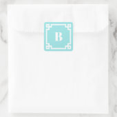Aqua Blauwe Vierkante Griekse Sleutelrand Monogram Sticker (Tas)