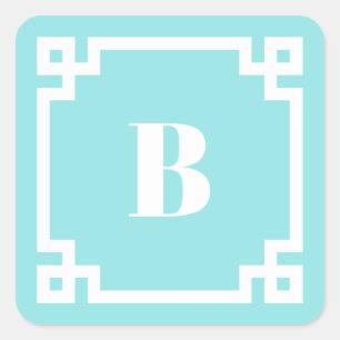 Aqua Blauwe Vierkante Griekse Sleutelrand Monogram Sticker