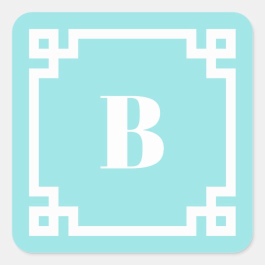 Aqua Blauwe Vierkante Griekse Sleutelrand Monogram Sticker (Voorkant)