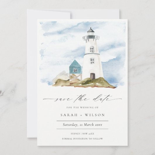 Aqua Blauwe Vuurtoren Berg Save The Date Uitnodigi Bedankkaart (Voorkant)