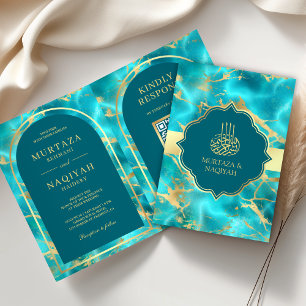 Aqua Blauwe Water Gouden QR Code Moslim Bruiloft