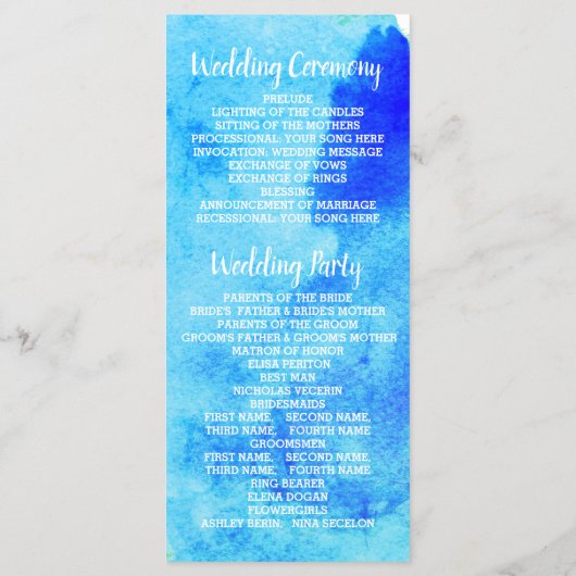 Aqua blauwe waterverf, koraalrif bruiloft programm programmakaart (Achterkant)