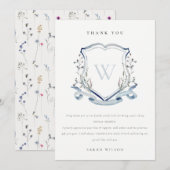 Aqua Blauwe Wilde Bloem Monogram Crest Bruidsdouch Bedankkaart (Voorkant / Achterkant)