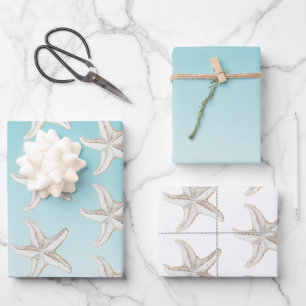 Aqua Blauwe Witte Gouden Zeester Strand Bruidsdouc Inpakpapier Vel