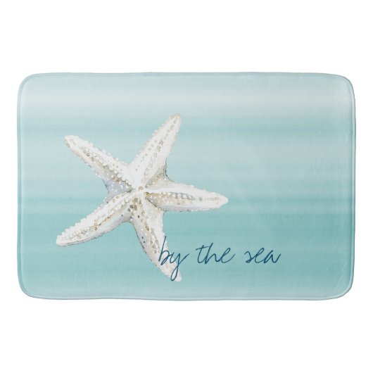 Aqua Blauwe Witte Strand Zeester Badmat (Voorkant)