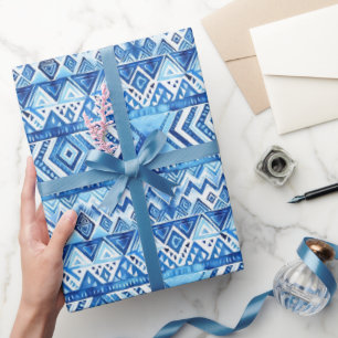 Aqua Blauwe Witte Tribale Strepen Verjaardag Cadeaupapier
