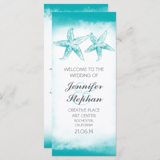 Aqua Blauwe Zeester Paar Strand Huwelijksprogramma Programmakaart (Voorkant / Achterkant)