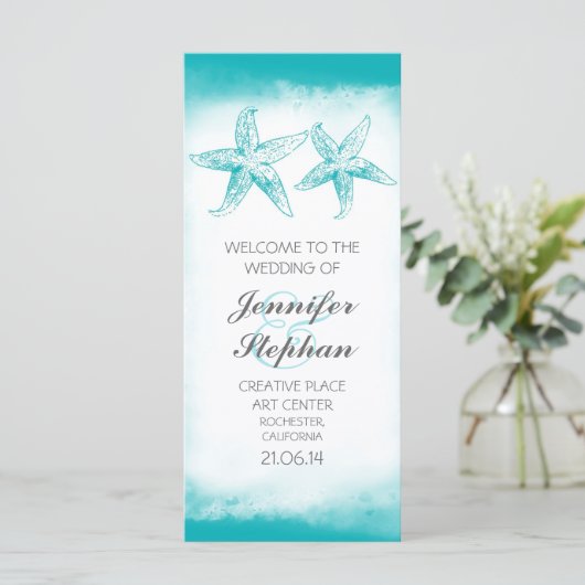 Aqua Blauwe Zeester Paar Strand Huwelijksprogramma Programmakaart (Staand voorkant)