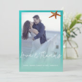 Aqua blauwe zeester strand bruiloft dank u foto bedankkaart (Staand voorkant)