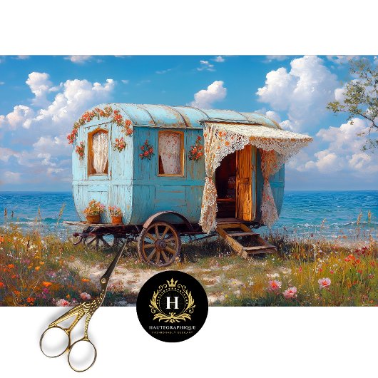 Aqua Blauwe Zeezige Zigeunerwagen Decoupage Tissuepapier