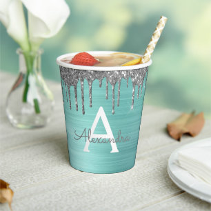 Aqua Blauwe Zilveren Glitter en Glans Monogram Papieren Bekers