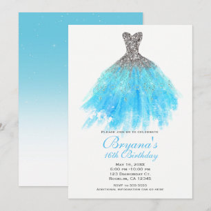 Aqua Blauwe Zilveren Glitter Glam Jurk Sweet 16 Fe Kaart