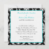 Aqua Blauwgroen Black Damask Names Wedding Invitat Kaart (Achterkant)