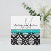 Aqua Blauwgroen Black Damask Names Wedding Invitat Kaart (Staand voorkant)