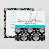Aqua Blauwgroen Black Damask Names Wedding Invitat Kaart (Voorkant / Achterkant)