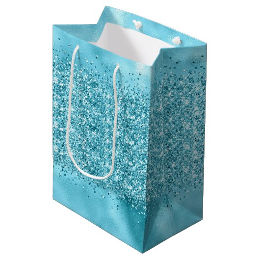 Aqua Blauwgroen Blauw Confetti Sparkle Medium Cadeauzakje (Voorkant Gekanteld)