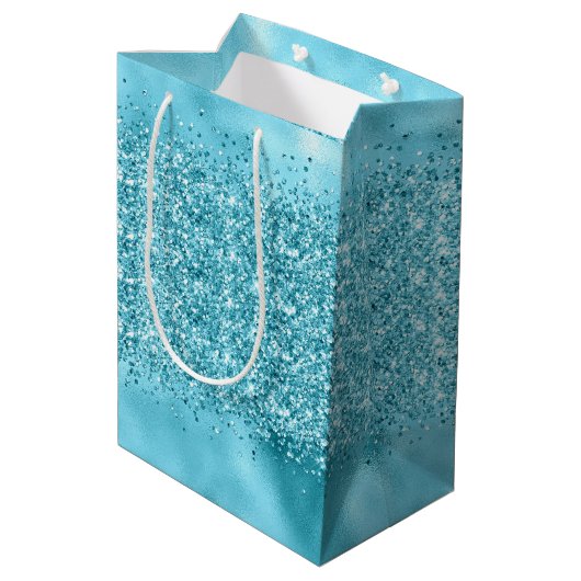 Aqua Blauwgroen Blauw Confetti Sparkle Medium Cadeauzakje (Achterkant Gekanteld)