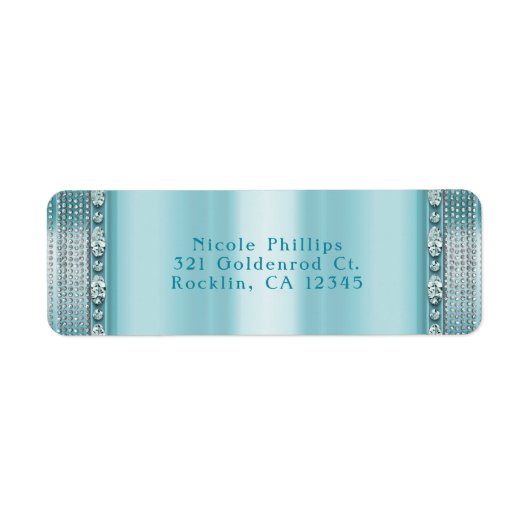 Aqua Blauwgroen blauw en Silver Diamond Bling Invi Etiket (Voorkant)