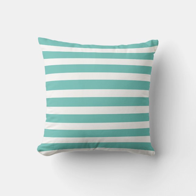 Aqua Blauwgroen Blauw en Witte Striped Nautical Co Kussen (Voorkant)