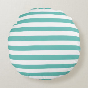 Aqua Blauwgroen Blauw en Witte Striped Nautical Co Rond Kussen