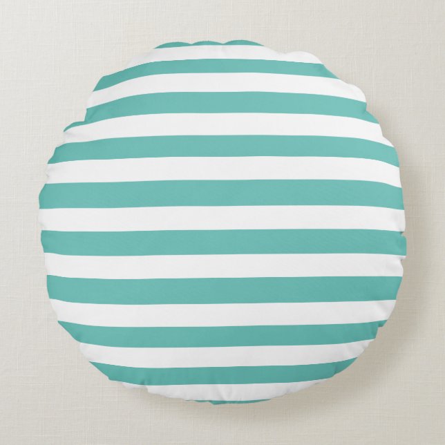 Aqua Blauwgroen Blauw en Witte Striped Nautical Co Rond Kussen (Voorkant)