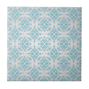 Aqua Blauwgroen Blauw en Zilver Damask Tegeltje