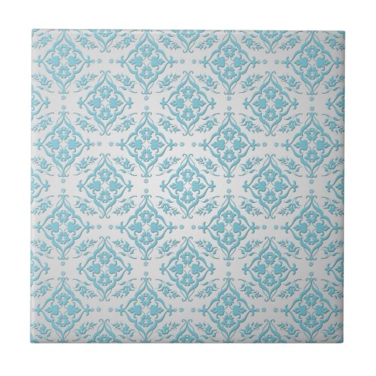 Aqua Blauwgroen Blauw en Zilver Damask Tegeltje (Voorkant)