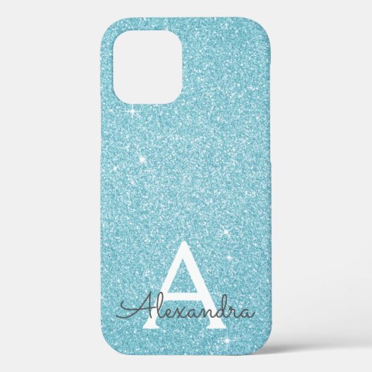 Aqua Blauwgroen Blauw Glitter en Sparkle Monogram Case-Mate iPhone Case (Achterkant)