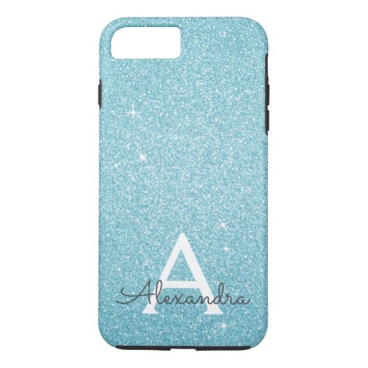 Aqua Blauwgroen Blauw Glitter en Sparkle Monogram Case-Mate iPhone Case (Achterkant)