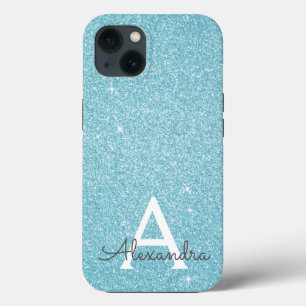 Aqua Blauwgroen blauw glitter en Sparkle Monogram  Case-Mate iPhone Case