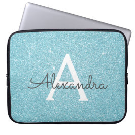 Aqua Blauwgroen Blauw Glitter en Sparkle Monogram Laptop Sleeve