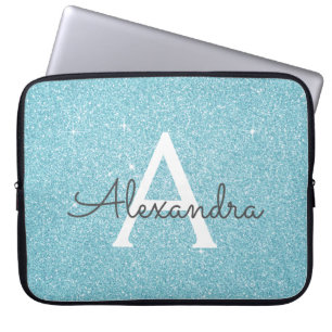 Aqua Blauwgroen Blauw Glitter en Sparkle Monogram Laptop Sleeve