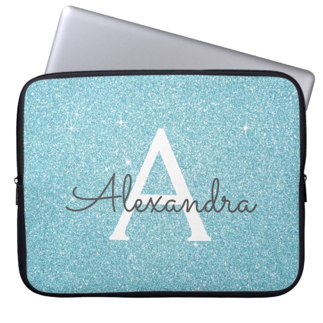 Aqua Blauwgroen Blauw Glitter en Sparkle Monogram Laptop Sleeve (Voorkant)