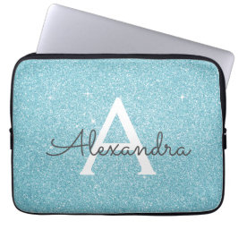 Aqua Blauwgroen Blauw Glitter en Sparkle Monogram Laptop Sleeve