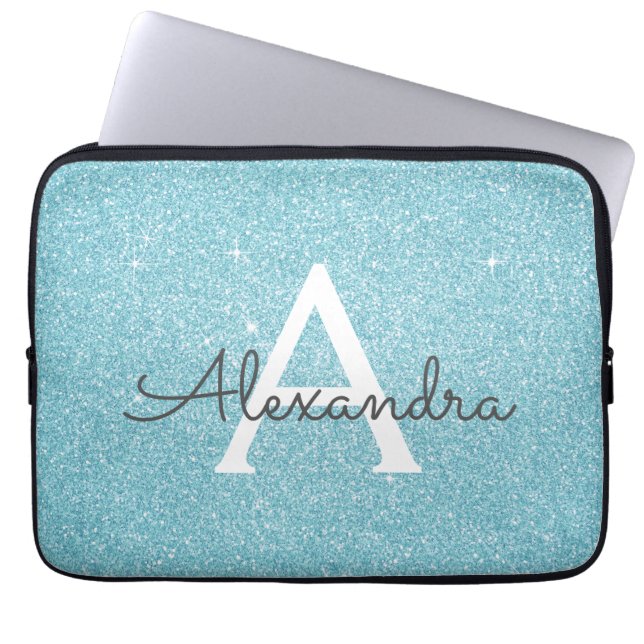 Aqua Blauwgroen Blauw Glitter en Sparkle Monogram Laptop Sleeve (Voorkant)