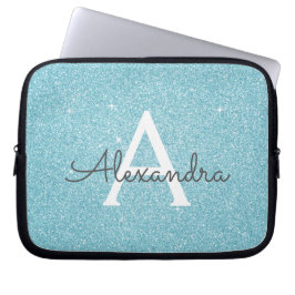 Aqua Blauwgroen Blauw Glitter en Sparkle Monogram Laptop Sleeve