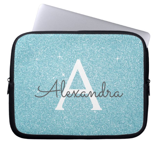 Aqua Blauwgroen Blauw Glitter en Sparkle Monogram Laptop Sleeve (Voorkant)