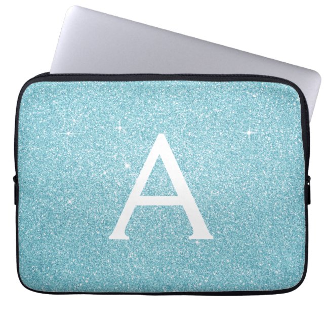 Aqua Blauwgroen Blauw Glitter en Sparkle Monogram Laptop Sleeve (Voorkant)