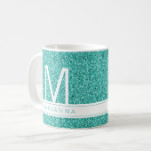 Aqua Blauwgroen Blauw Glitter Monogram Aangepaste  Koffiemok (Voorkant links)