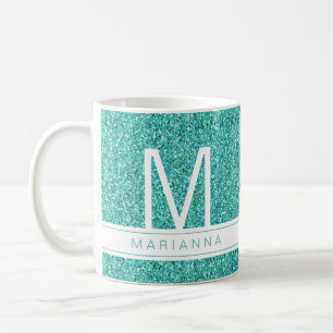 Aqua Blauwgroen blauw Glitter Monogram Aangepaste  Koffiemok