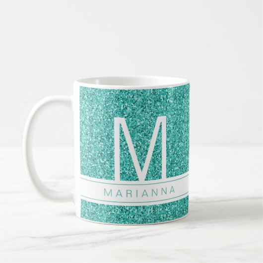 Aqua Blauwgroen Blauw Glitter Monogram Aangepaste  Koffiemok (Links)