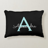Aqua Blauwgroen Blauw Manuscript Meisjes Monogram Accent Kussen (Voorkant)