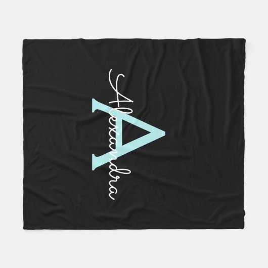 Aqua Blauwgroen Blauw Manuscript Meisjes Monogram  Fleece Deken (Voorkant (Horizontaal))