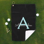 Aqua Blauwgroen Blauw Manuscript Meisjes Monogram  Golfhanddoek<br><div class="desc">Terug en Aqua Blauwgroen Blauw Monogram Naam Golfhanddoek. Dit maakt de perfecte lieve 16 verjaardags-,  bruiloft-,  vrijgezellenfeest-,  jubileum-,  baby shower- of vrijgezellenfeestcadeau voor iemand die van glamluxe en chique stijlen houdt.</div>