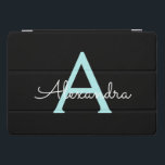 Aqua Blauwgroen Blauw Manuscript Meisjes Monogram  iPad Pro Cover<br><div class="desc">Zwart en Aqua Blauwgroen Blue Simple Script Monogram Naam Laptop Hoesje. Dit maakt het perfecte zoete 16-jarige verjaardagscadeau,  bruiloft,  vrijgezellenfeest,  jubileum,  baby shower of vrijgezellenfeest voor iemand die van glamoureuze luxe en chique stijlen houdt.</div>