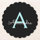 Aqua Blauwgroen Blauw Manuscript Meisjes Monogram  Kartonnen Onderzetters<br><div class="desc">Zwart en Aqua Blauwgroen Blauw Eenvoudig Script Monogram Naam Papier Onderzetters. Dit maakt het perfecte afstuderen,  verjaardagscadeau,  bruiloft,  vrijgezellenfeest,  jubileum,  baby shower of vrijgezellenfeest cadeau voor iemand die houdt van glamoureuze en chique stijlen.</div>