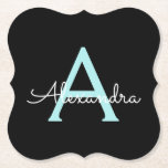 Aqua Blauwgroen Blauw Manuscript Meisjes Monogram  Kartonnen Onderzetters<br><div class="desc">Zwart en Aqua Blauwgroen Blauw Eenvoudig Script Monogram Naam Papier Onderzetters. Dit maakt het perfecte afstuderen,  verjaardagscadeau,  bruiloft,  vrijgezellenfeest,  jubileum,  baby shower of vrijgezellenfeest cadeau voor iemand die houdt van glamoureuze en chique stijlen.</div>