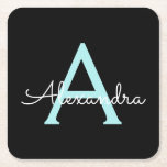 Aqua Blauwgroen Blauw Manuscript Meisjes Monogram  Kartonnen Onderzetters<br><div class="desc">Zwart en Aqua al Blue Simple Script Monogram Naam Papieren Onderzetters. Dit maakt het perfecte afstuderen,  verjaardagscadeau,  bruiloft,  vrijgezellenfeest,  jubileum,  baby shower of vrijgezellenfeest cadeau voor iemand die houdt van glamoureuze en chique stijlen.</div>