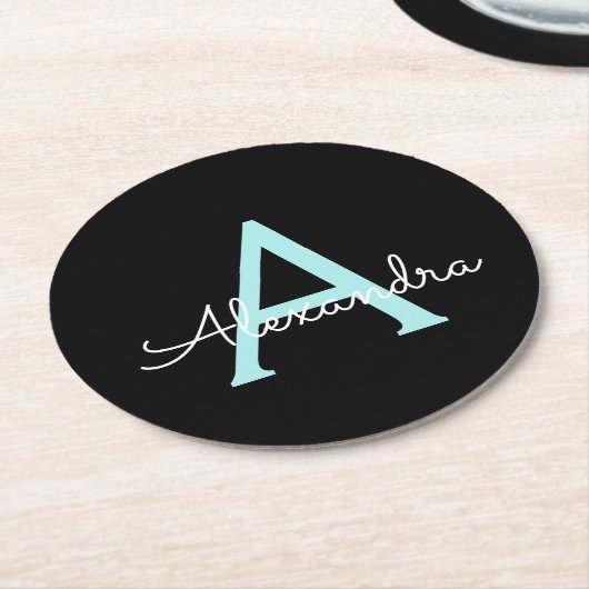 Aqua Blauwgroen Blauw Manuscript Meisjes Monogram  Ronde Kartonnen Onderzetter (Gebogen)