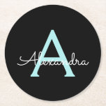 Aqua Blauwgroen Blauw Manuscript Meisjes Monogram  Ronde Kartonnen Onderzetter<br><div class="desc">Zwart en aqua Blauwgroen Blauw Eenvoudig Script Monogram Naam Papier Onderzetters. Dit maakt het perfecte afstuderen,  verjaardagscadeau,  bruiloft,  vrijgezellenfeest,  jubileum,  baby shower of vrijgezellenfeest cadeau voor iemand die houdt van glamoureuze en chique stijlen.</div>